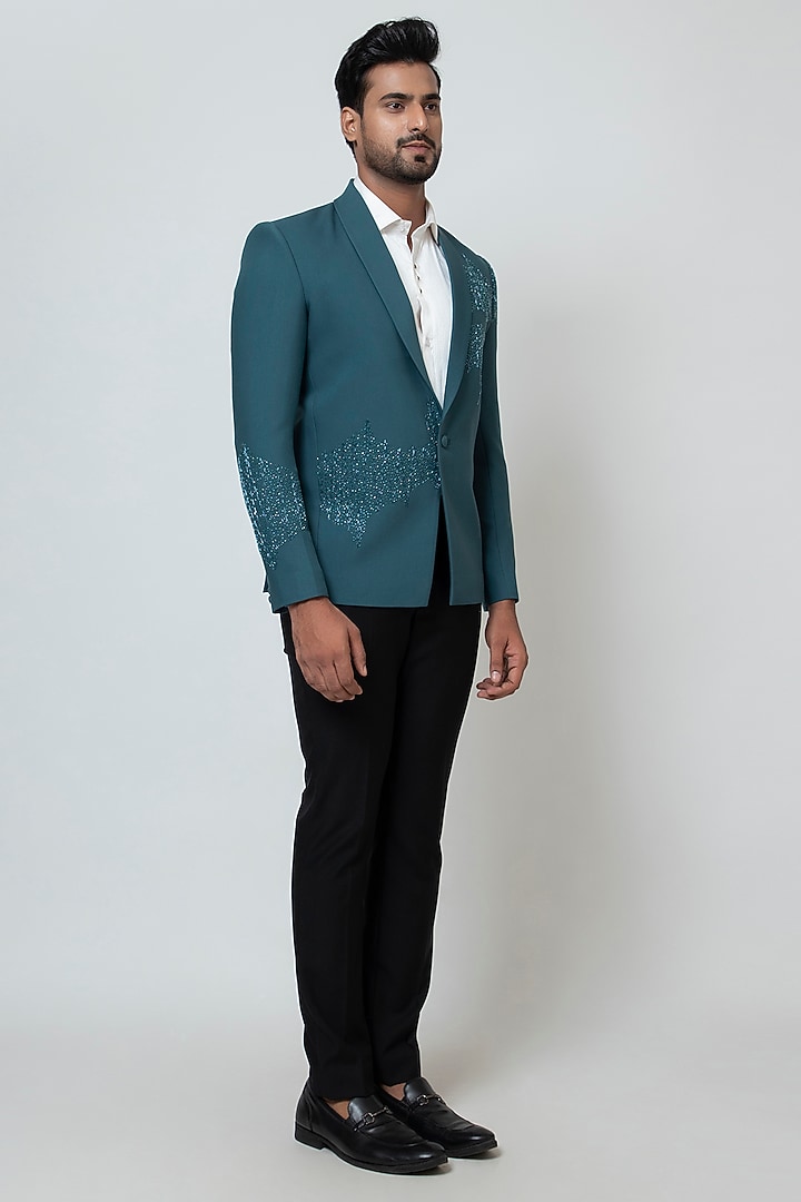 Teal Premium Suiting Fabric Cutdana Work Blazer Set by YOSEBA at Pernia's Pop Up Shop