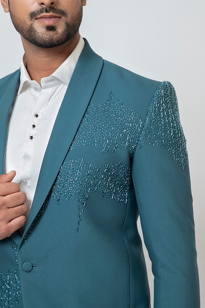 Teal Premium Suiting Fabric Cutdana Work Blazer Set by YOSEBA at Pernia's Pop Up Shop