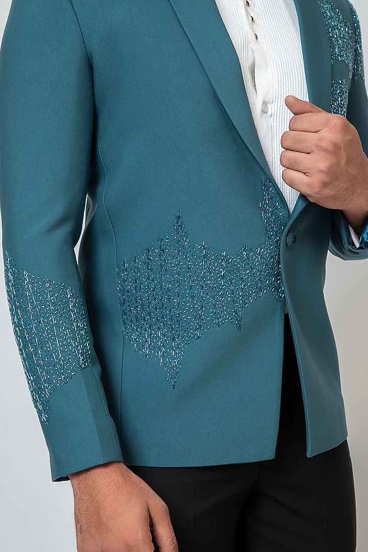 Teal Premium Suiting Fabric Cutdana Work Blazer Set by YOSEBA at Pernia's Pop Up Shop