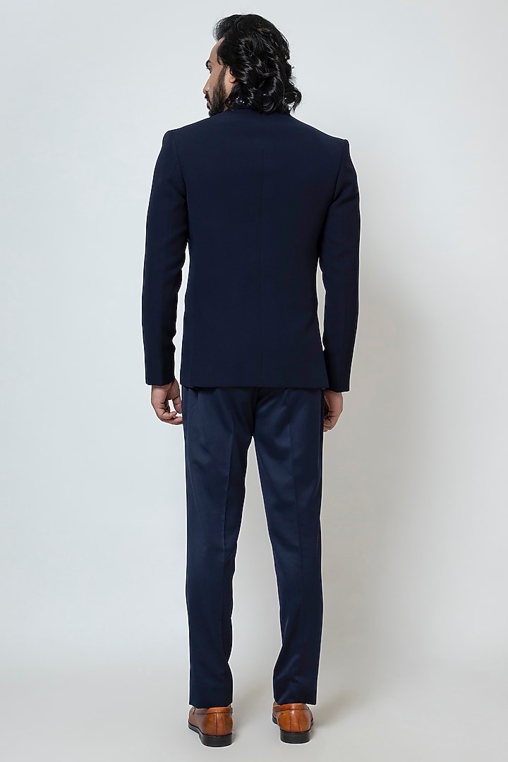 Dark Blue Stretchable Fabric Cutdana Work Blazer Set by YOSEBA at Pernia's Pop Up Shop