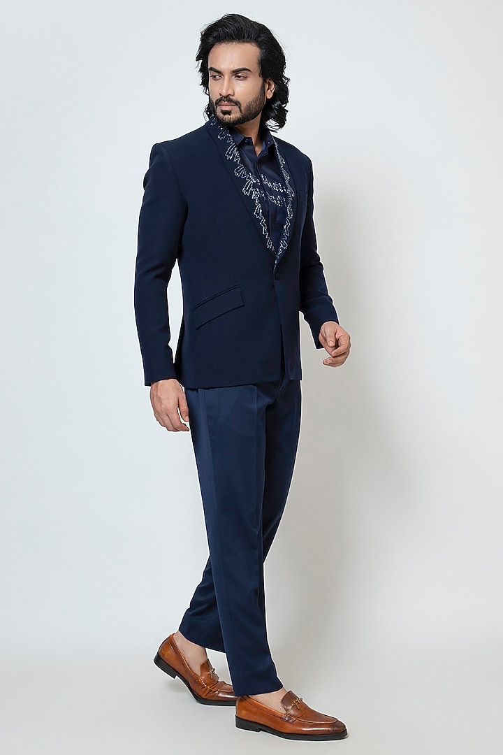 Dark Blue Stretchable Fabric Cutdana Work Blazer Set by YOSEBA at Pernia's Pop Up Shop