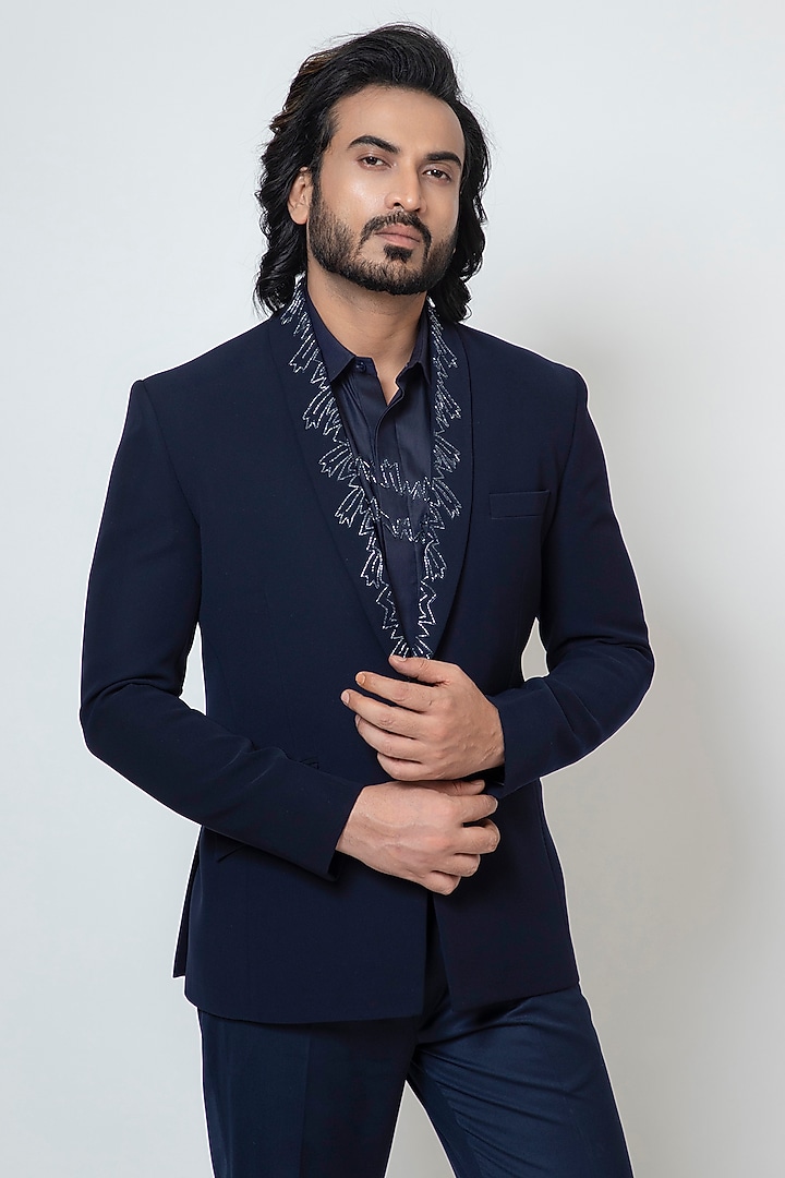 Dark Blue Stretchable Fabric Cutdana Work Blazer Set by YOSEBA at Pernia's Pop Up Shop