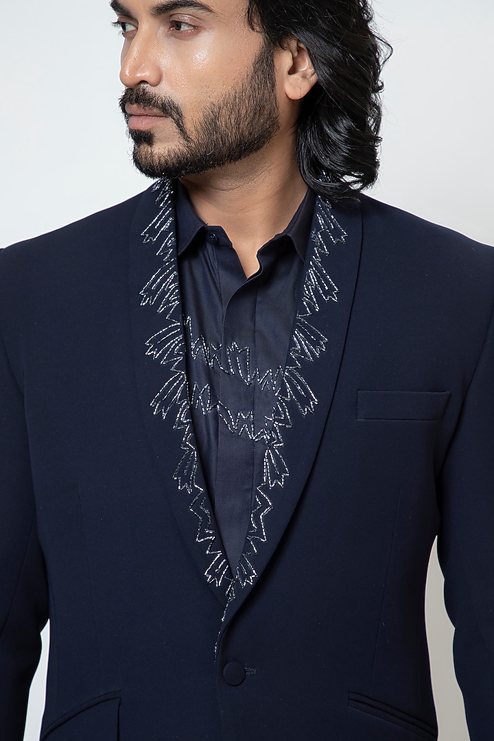 Dark Blue Stretchable Fabric Cutdana Work Blazer Set by YOSEBA at Pernia's Pop Up Shop