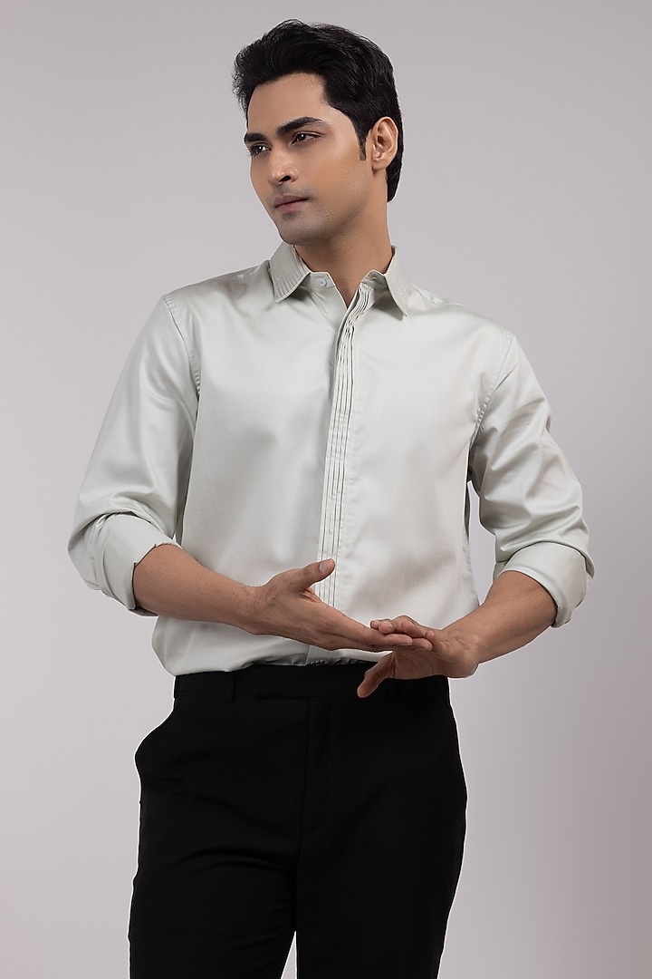 Pale Grey Premium Cotton Embroidered Party Wear Shirt by YOSEBA at Pernia's Pop Up Shop