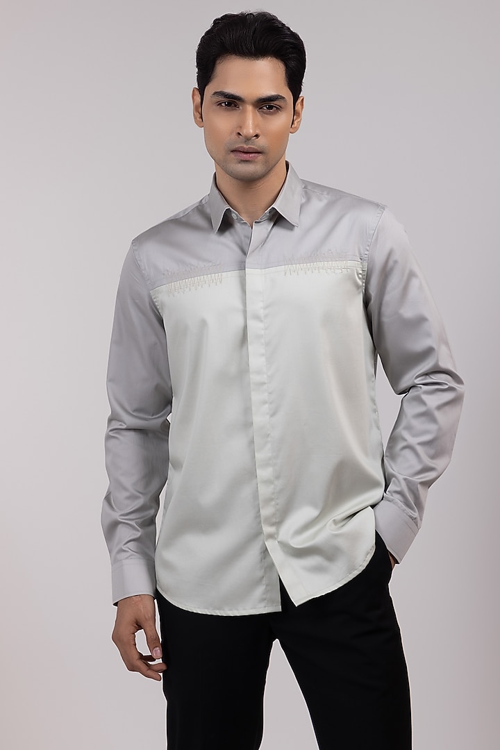 Dark Grey & Pale Grey Premium Cotton Party Wear Shirt by YOSEBA at Pernia's Pop Up Shop