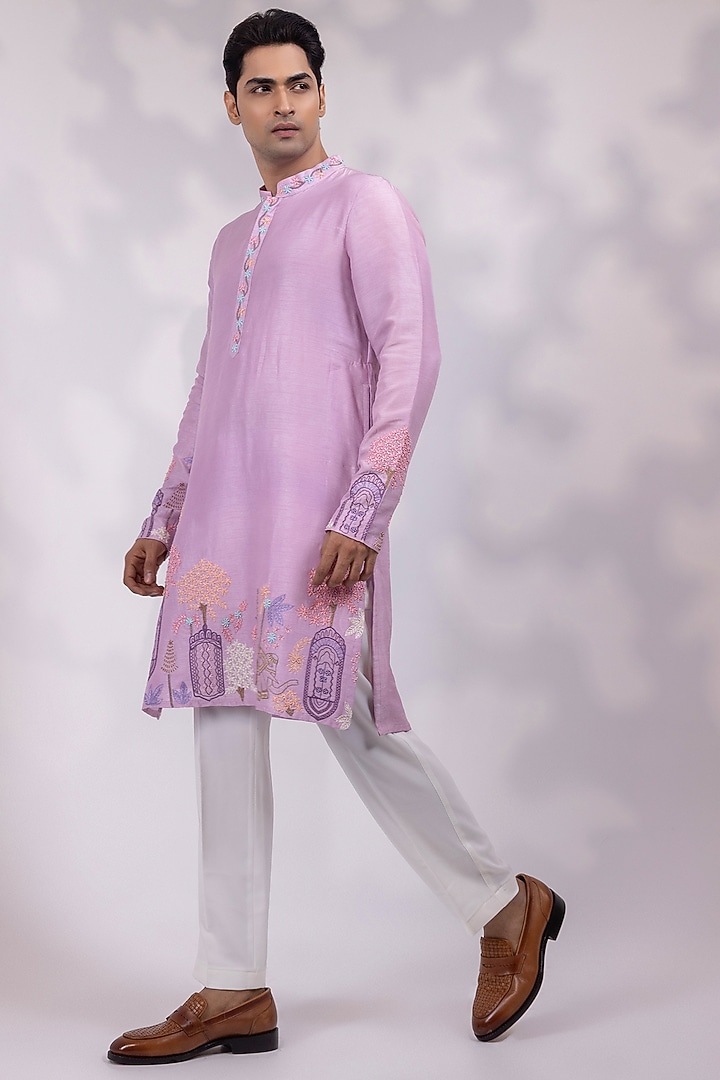 Light Purple Bam Silk Floral Embroidered Kurta Set by YOSEBA at Pernia's Pop Up Shop