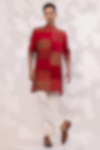 Deep Red Chanderi Embroidered Kurta Set by YOSEBA