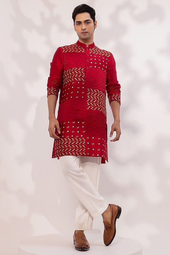 Deep Red Chanderi Embroidered Kurta Set by YOSEBA