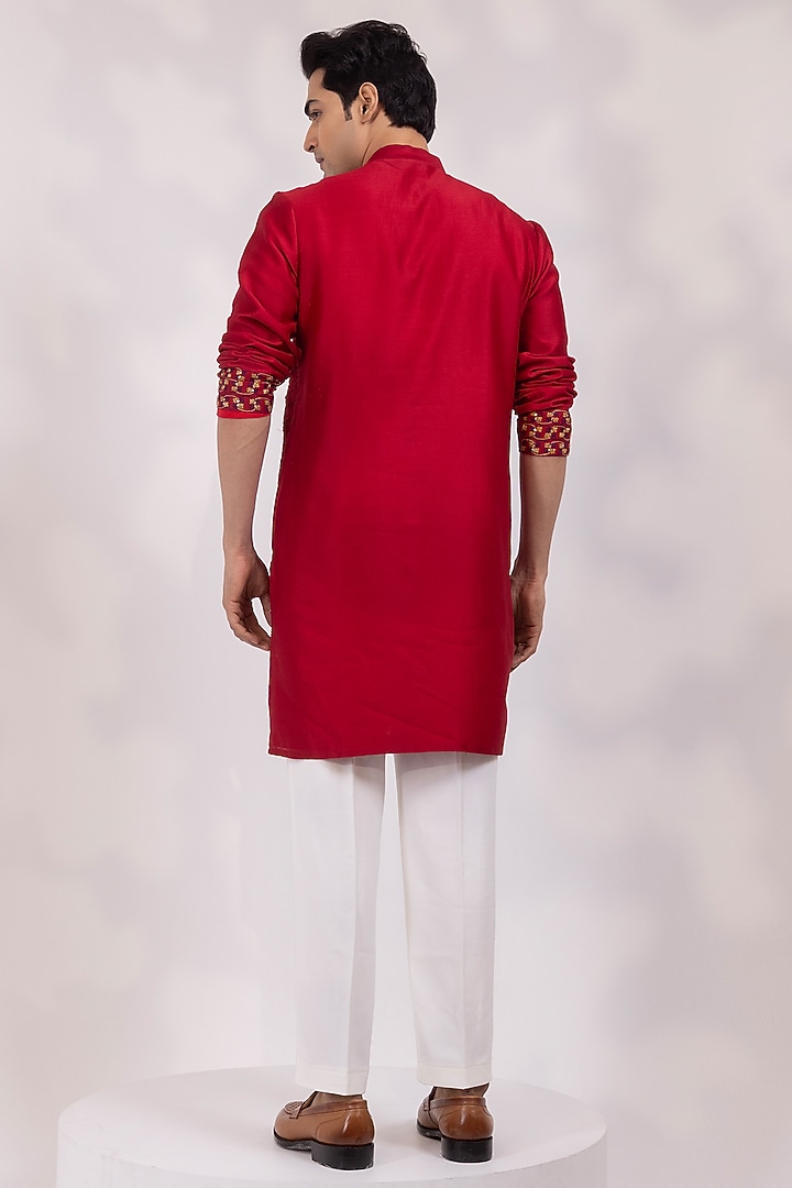 Deep Red Chanderi Embroidered Kurta Set by YOSEBA at Pernia's Pop Up Shop