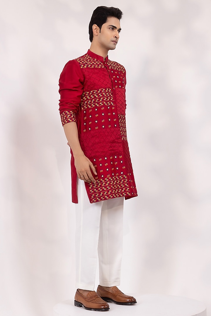 Deep Red Chanderi Embroidered Kurta Set by YOSEBA at Pernia's Pop Up Shop