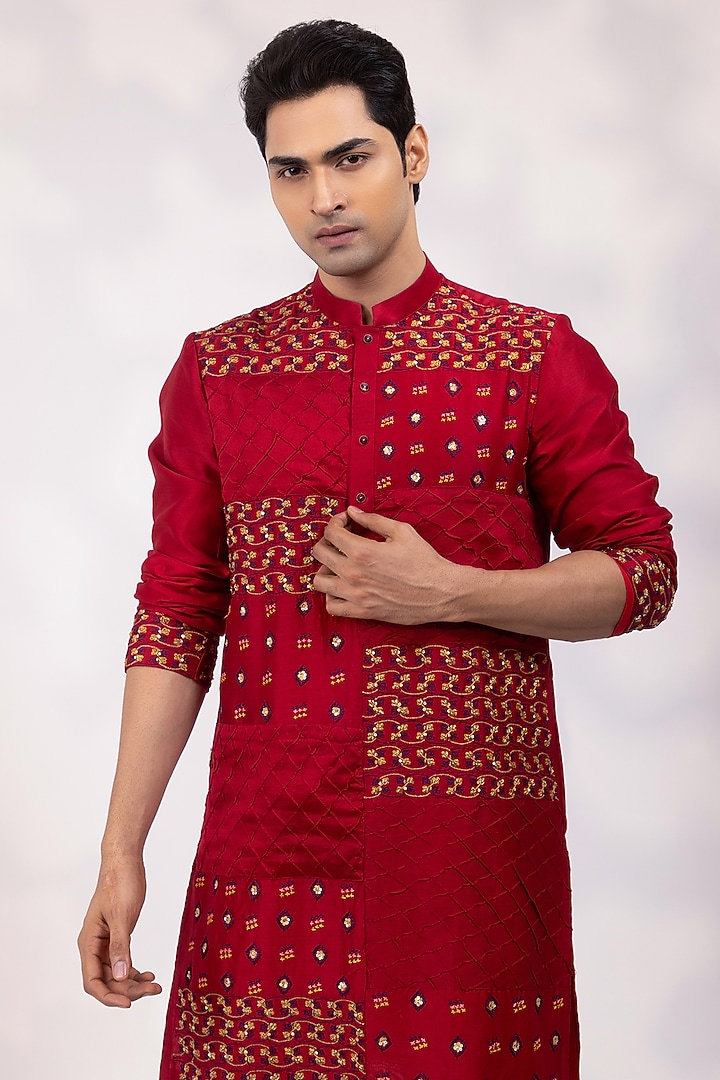 Deep Red Chanderi Embroidered Kurta Set by YOSEBA at Pernia's Pop Up Shop