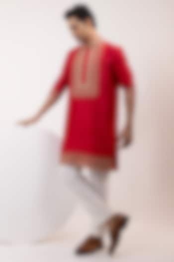 Red Bam Silk Embroidered Kurta Set by YOSEBA