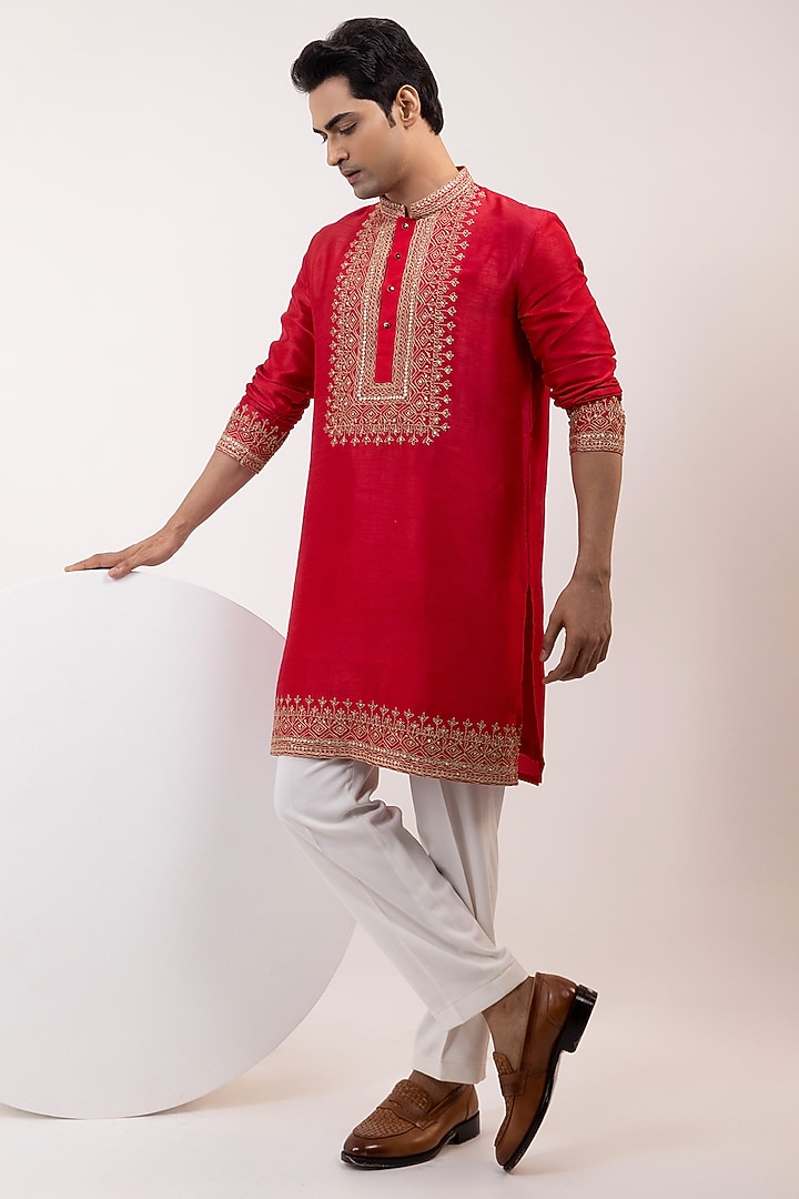 Red Bam Silk Embroidered Kurta Set by YOSEBA