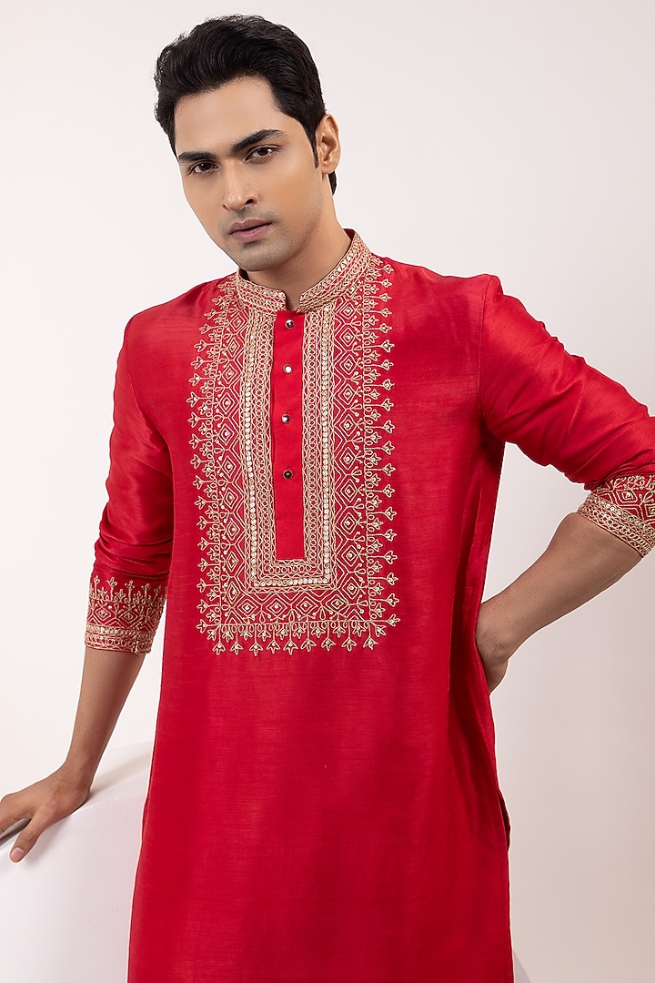 Red Bam Silk Embroidered Kurta Set by YOSEBA at Pernia's Pop Up Shop