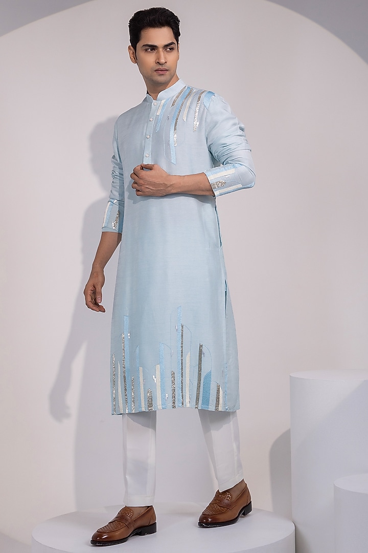 Light Blue Bam Silk Metallic Thread Embellished Kurta Set by YOSEBA at Pernia's Pop Up Shop
