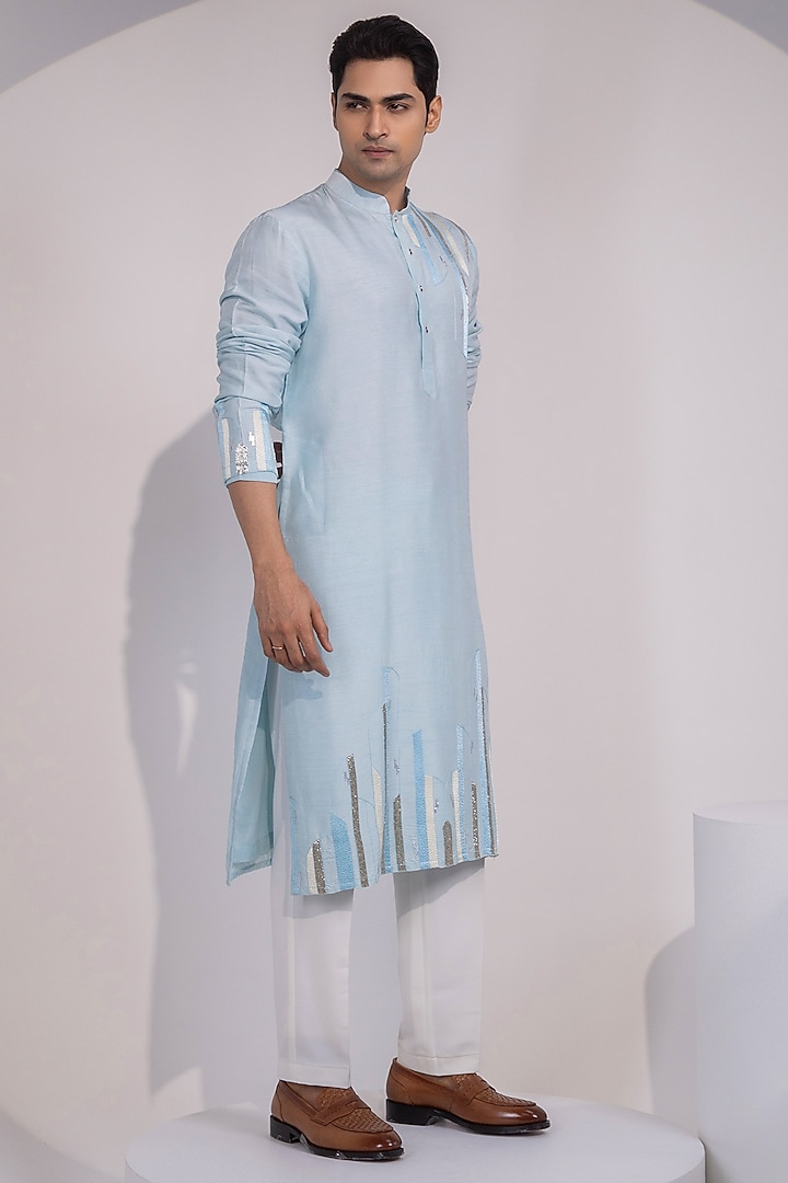 Light Blue Bam Silk Metallic Thread Embellished Kurta Set by YOSEBA at Pernia's Pop Up Shop