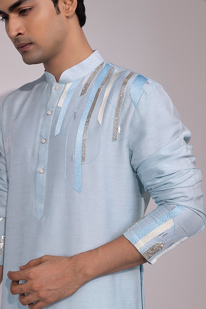 Light Blue Bam Silk Metallic Thread Embellished Kurta Set by YOSEBA at Pernia's Pop Up Shop