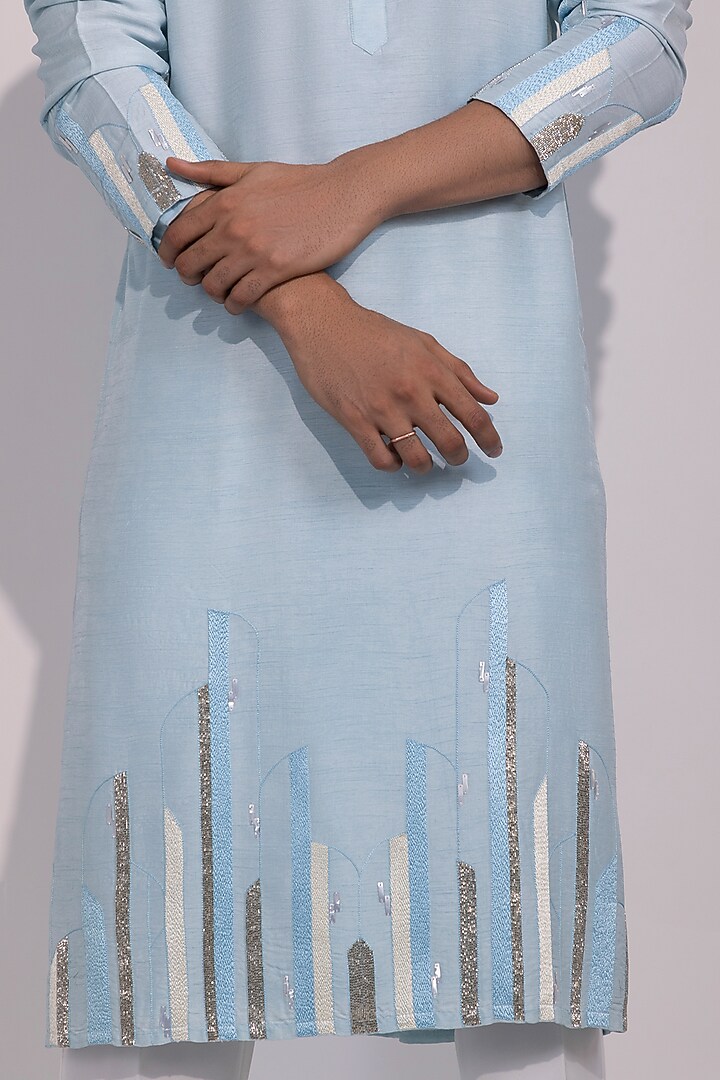Light Blue Bam Silk Metallic Thread Embellished Kurta Set by YOSEBA at Pernia's Pop Up Shop