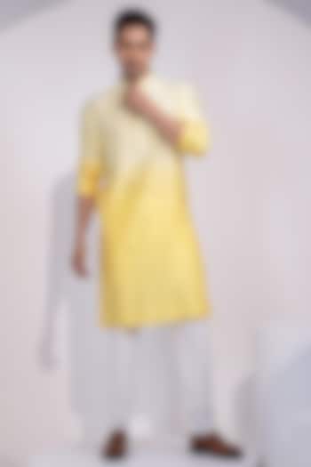 Light Cream & Pale Yellow Ombre Chanderi Thread Embroidered Kurta Set by YOSEBA