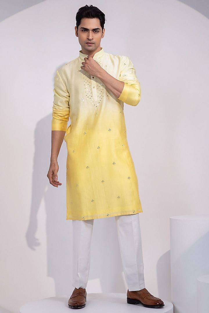 Light Cream & Pale Yellow Ombre Chanderi Thread Embroidered Kurta Set by YOSEBA