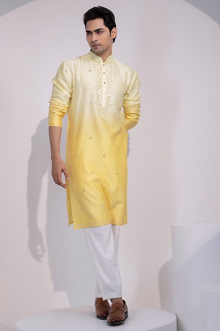 Light Cream & Pale Yellow Ombre Chanderi Thread Embroidered Kurta Set by YOSEBA at Pernia's Pop Up Shop