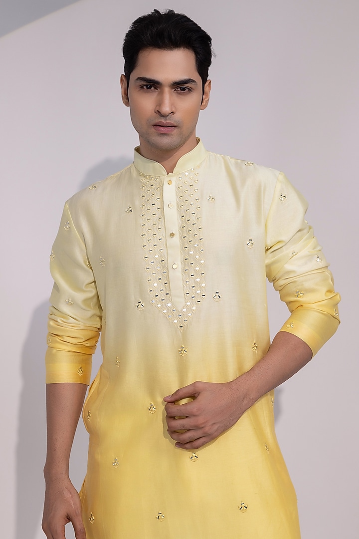 Light Cream & Pale Yellow Ombre Chanderi Thread Embroidered Kurta Set by YOSEBA at Pernia's Pop Up Shop