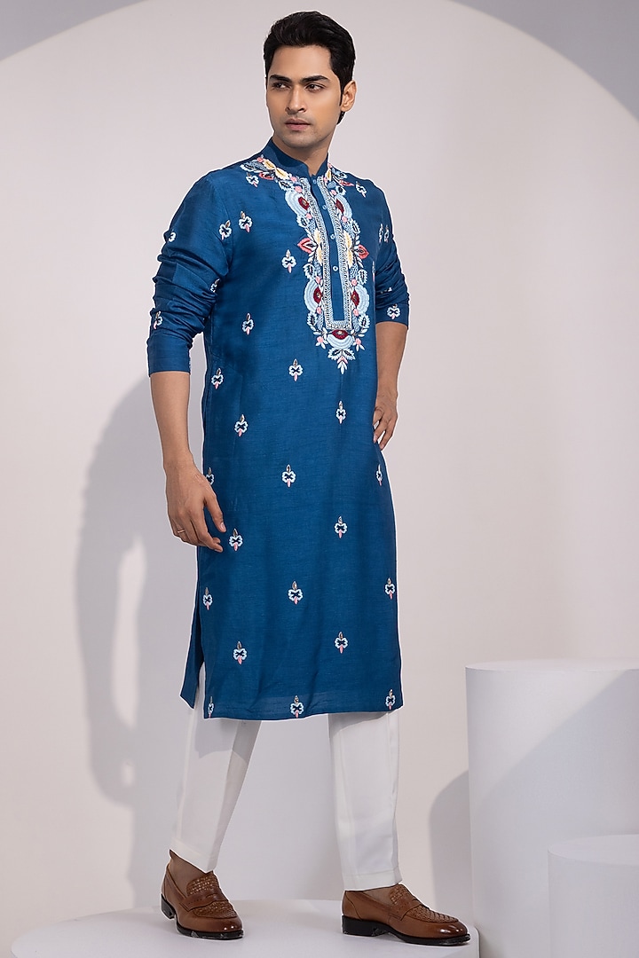 Blue Bam Silk Thread Embroidered Kurta Set by YOSEBA at Pernia's Pop Up Shop