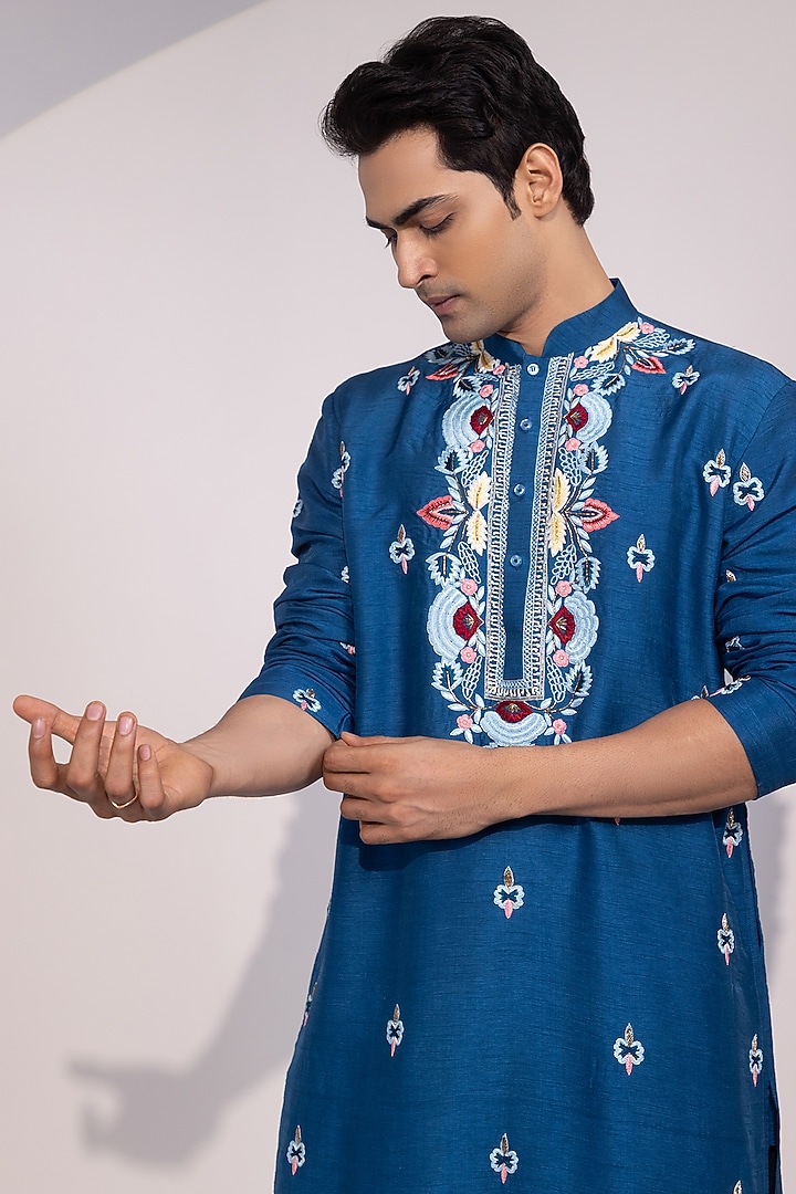 Blue Bam Silk Thread Embroidered Kurta Set by YOSEBA at Pernia's Pop Up Shop