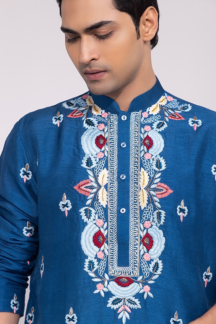 Blue Bam Silk Thread Embroidered Kurta Set by YOSEBA at Pernia's Pop Up Shop