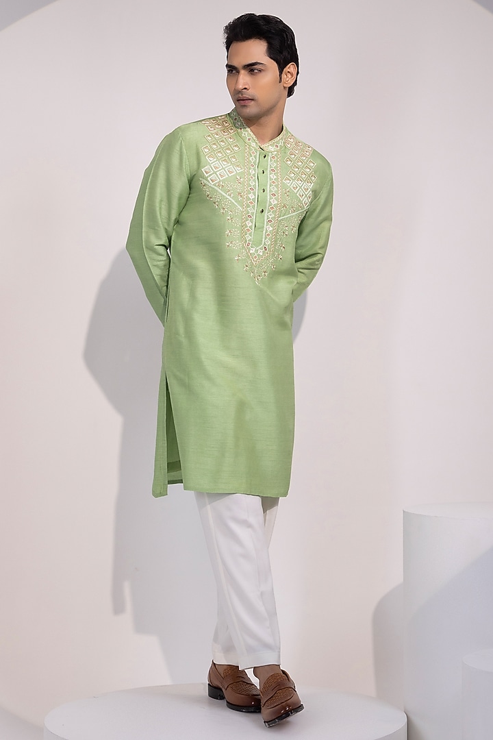 Light Green Bam Silk Thread Embroidered Kurta Set by YOSEBA at Pernia's Pop Up Shop