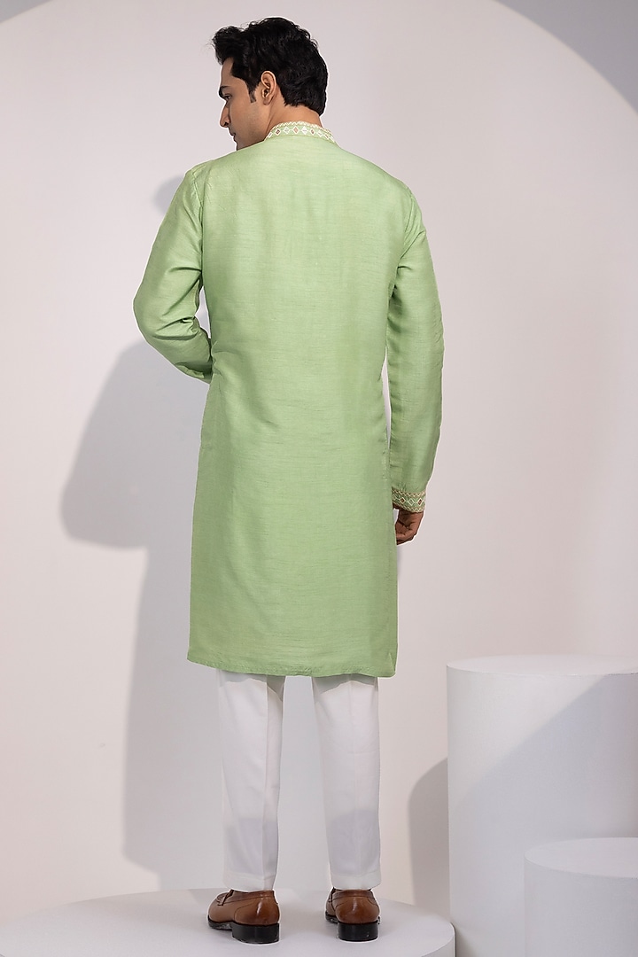 Light Green Bam Silk Thread Embroidered Kurta Set by YOSEBA at Pernia's Pop Up Shop