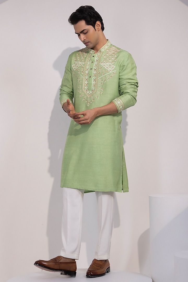 Light Green Bam Silk Thread Embroidered Kurta Set by YOSEBA at Pernia's Pop Up Shop
