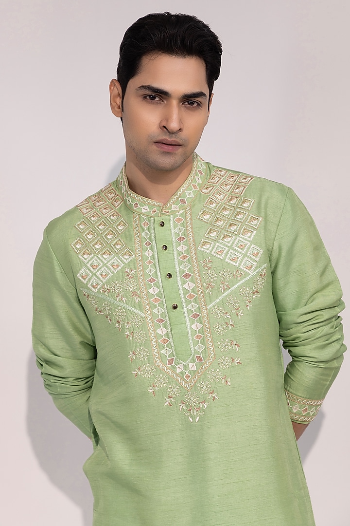 Light Green Bam Silk Thread Embroidered Kurta Set by YOSEBA at Pernia's Pop Up Shop