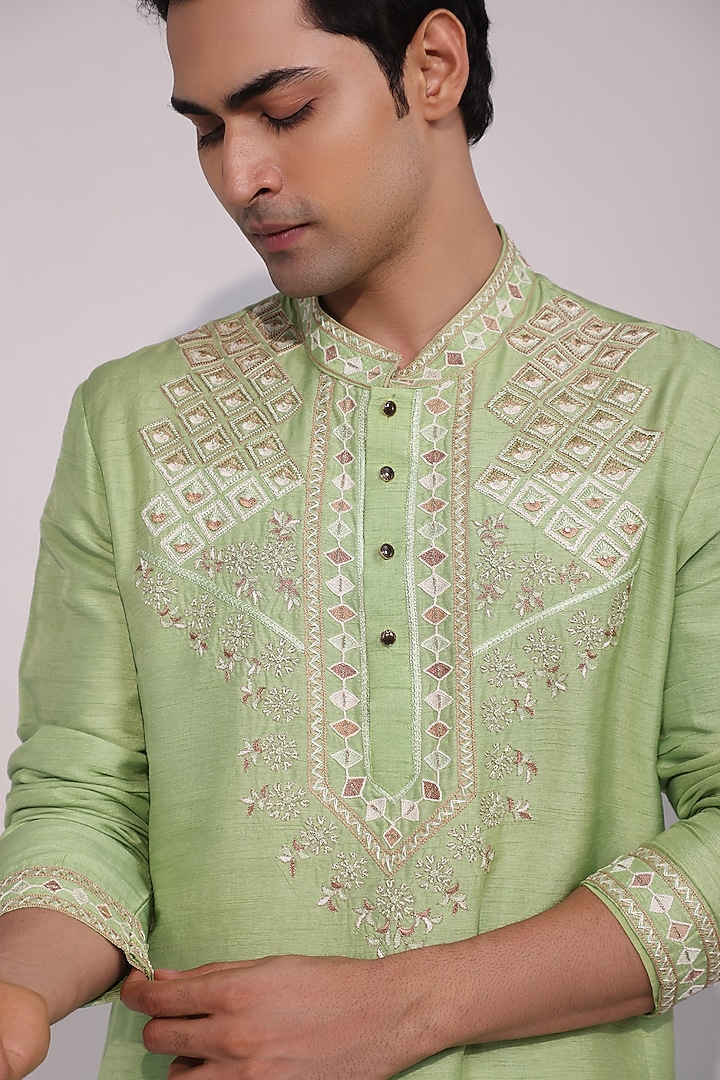 Light Green Bam Silk Thread Embroidered Kurta Set by YOSEBA at Pernia's Pop Up Shop