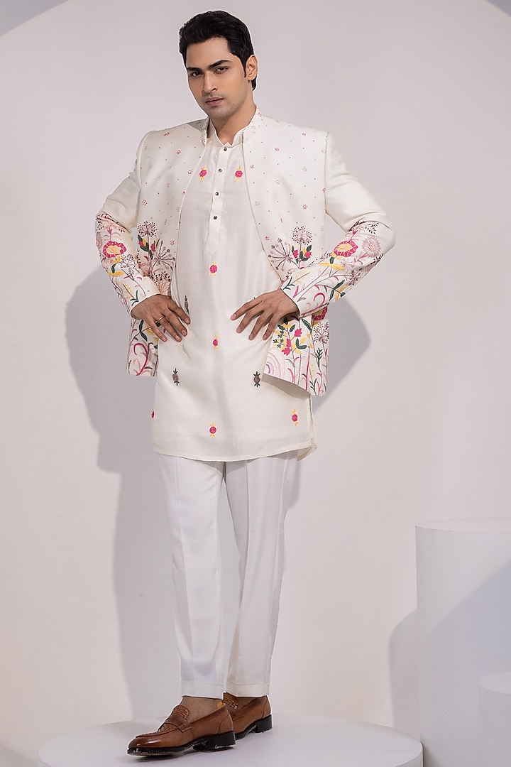 Ivory Bam Silk Thread Embroidered Kurta Set by YOSEBA