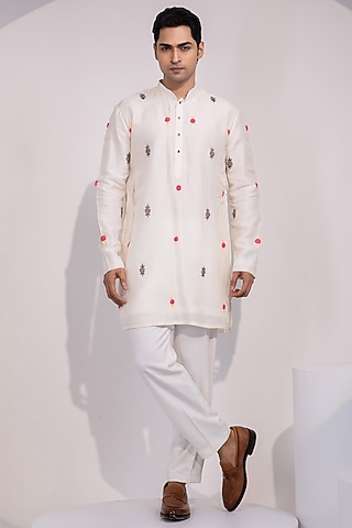 Ivory Bam Silk Thread Embroidered Kurta Set by YOSEBA
