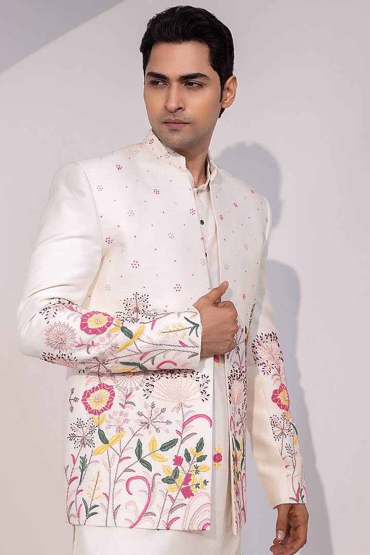 Ivory Bam Silk Floral Embroidered Wedding Indowestern Jacket by YOSEBA at Pernia's Pop Up Shop