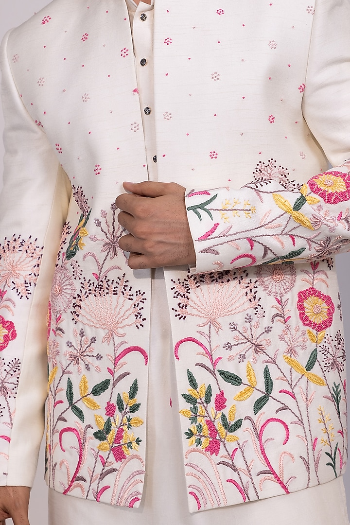 Ivory Bam Silk Floral Embroidered Wedding Indowestern Jacket by YOSEBA at Pernia's Pop Up Shop