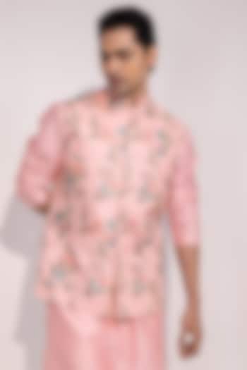 Light Pink Bam Silk Floral Embroidered Nehru Jacket by YOSEBA