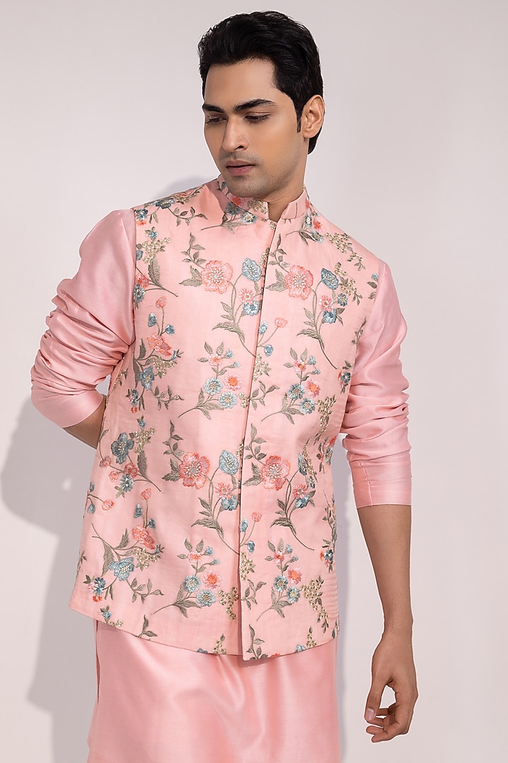 Light Pink Bam Silk Floral Embroidered Nehru Jacket by YOSEBA