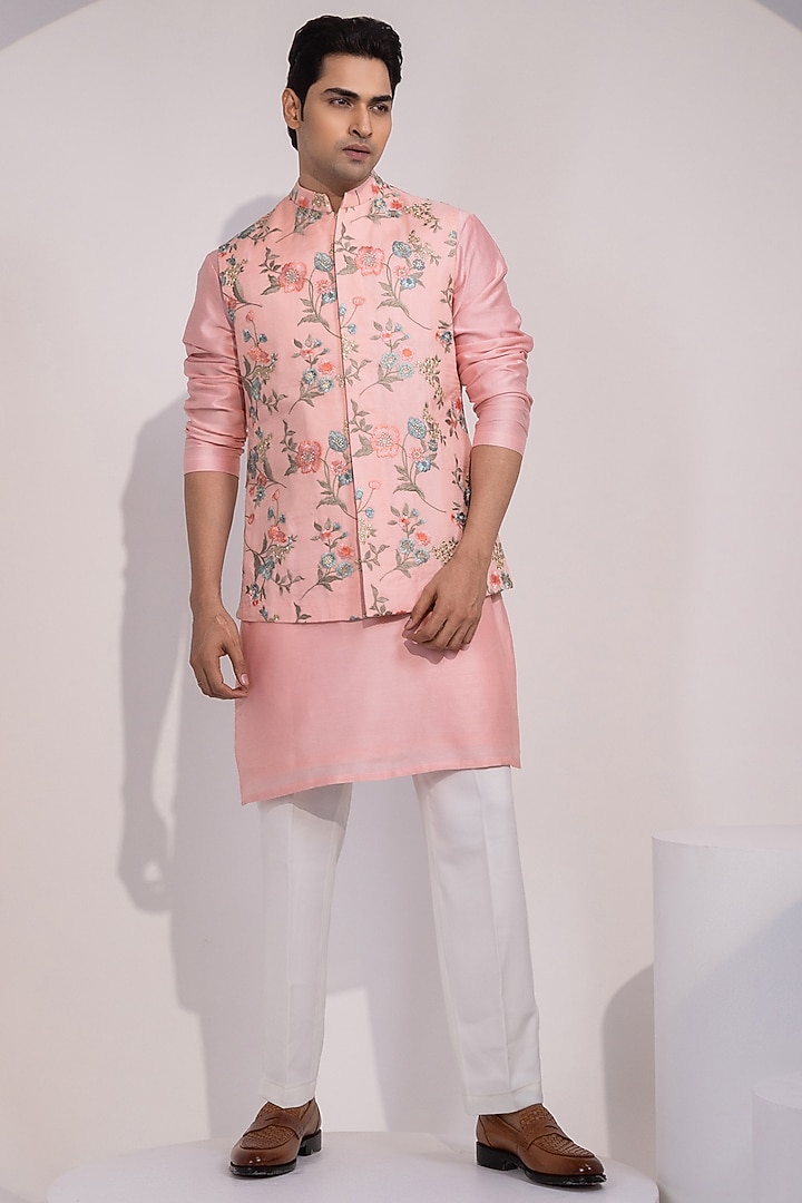 Light Pink Bam Silk Floral Embroidered Nehru Jacket by YOSEBA at Pernia's Pop Up Shop
