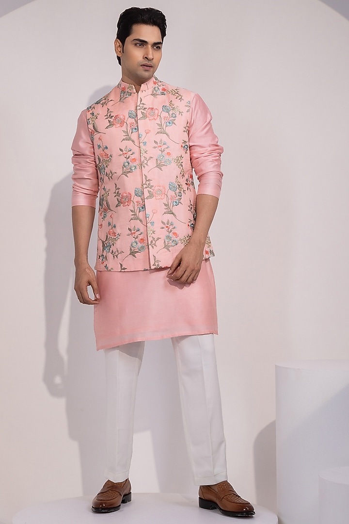 Light Pink Bam Silk Floral Embroidered Nehru Jacket Set by YOSEBA