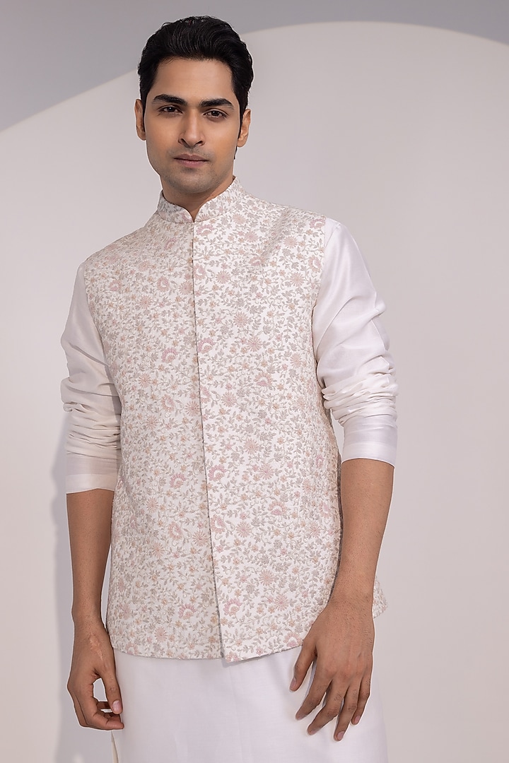 Off-White Bam Silk Nehru Jacket Set by YOSEBA at Pernia's Pop Up Shop