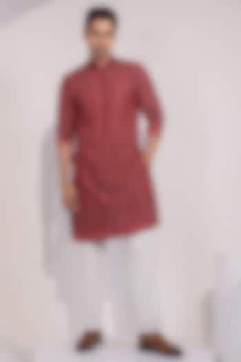 Dark Maroon Linen Satin Thread Embroidered Kurta Set by YOSEBA