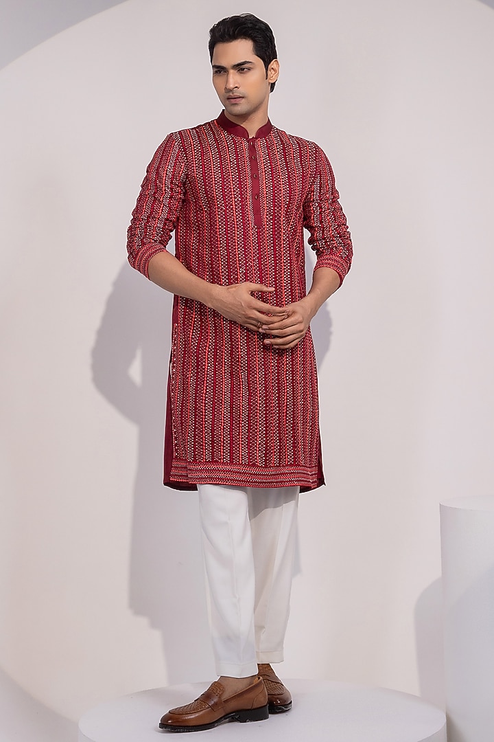 Dark Maroon Linen Satin Thread Embroidered Kurta Set by YOSEBA at Pernia's Pop Up Shop