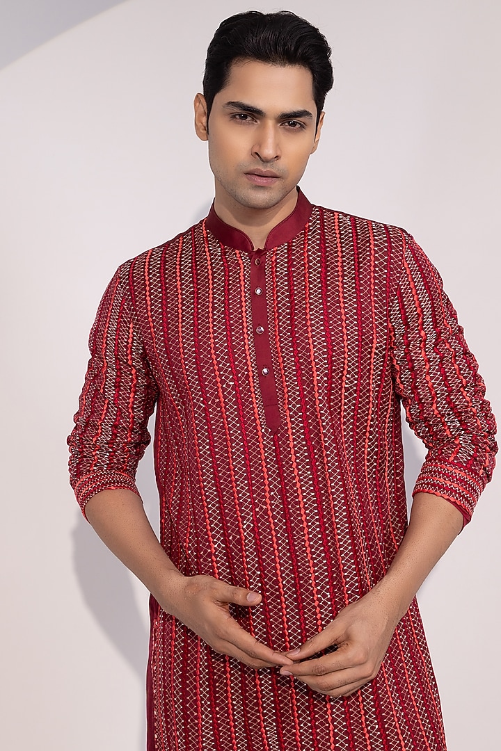 Dark Maroon Linen Satin Thread Embroidered Kurta Set by YOSEBA at Pernia's Pop Up Shop