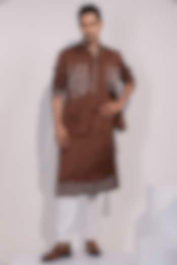 Chocolate Brown Linen Satin Embroidered Nehru Jacket Set by YOSEBA