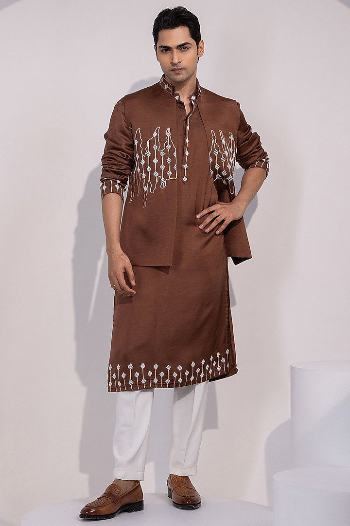 Chocolate Brown Linen Satin Embroidered Nehru Jacket Set by YOSEBA