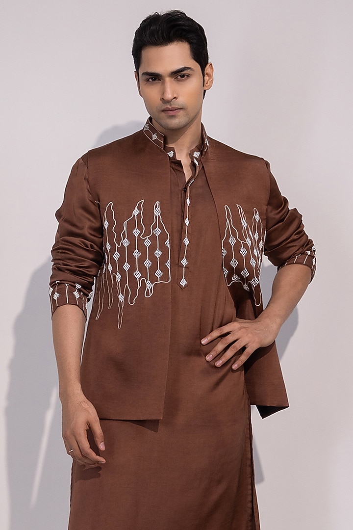 Chocolate Brown Linen Satin Embroidered Nehru Jacket Set by YOSEBA at Pernia's Pop Up Shop