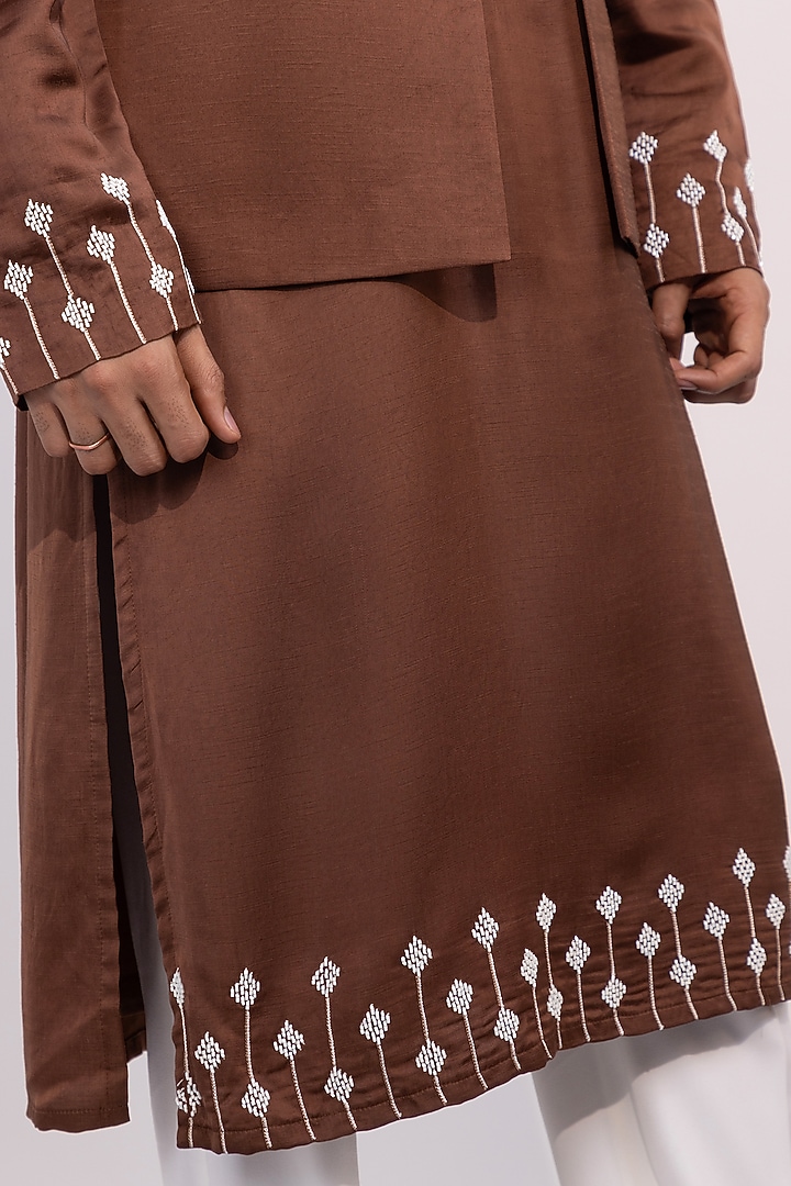 Chocolate Brown Linen Satin Embroidered Nehru Jacket Set by YOSEBA at Pernia's Pop Up Shop